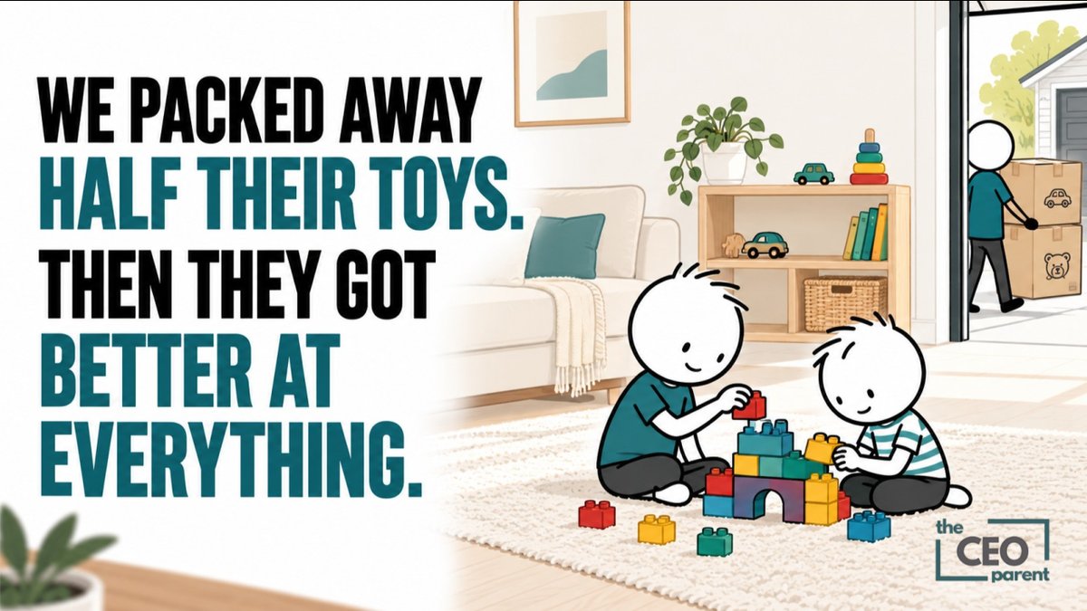 Illustration: two boys building together with Duplo on a rug in a tidy living room, while a parent carries boxes of toys out to the garage.
