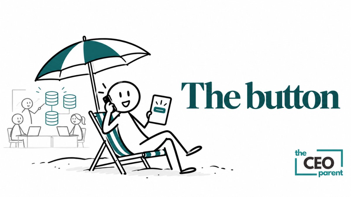 Illustration: a founder in a deckchair under a beach umbrella, on the phone and holding up a tablet with a button, while back at the office his team works on connecting three databases.