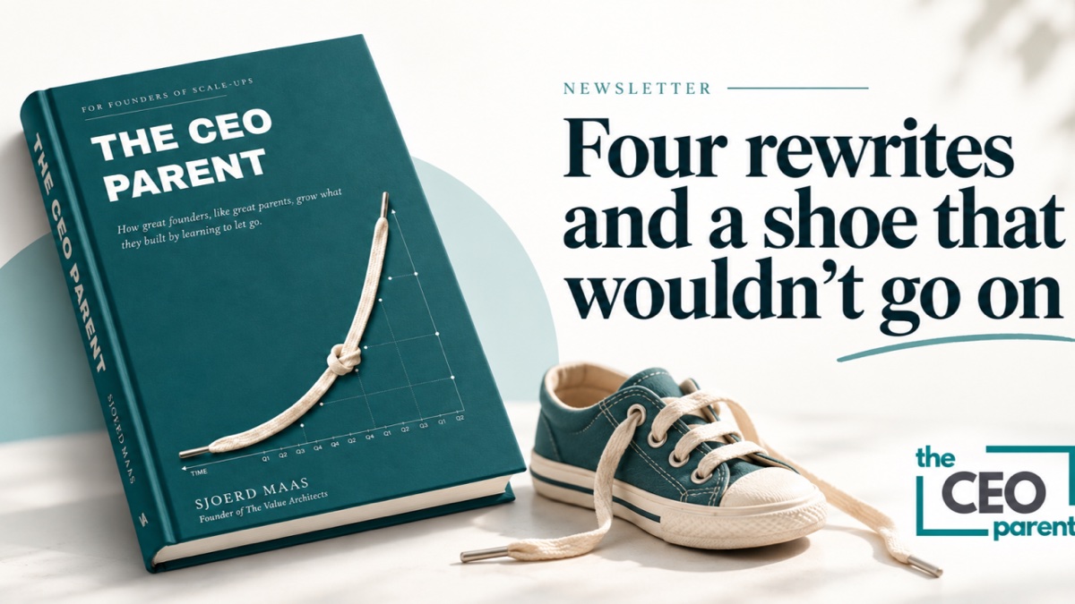 Illustration: a copy of The CEO Parent with a shoelace drawn as a growth curve on the cover, next to a child&rsquo;s shoe with its laces undone.